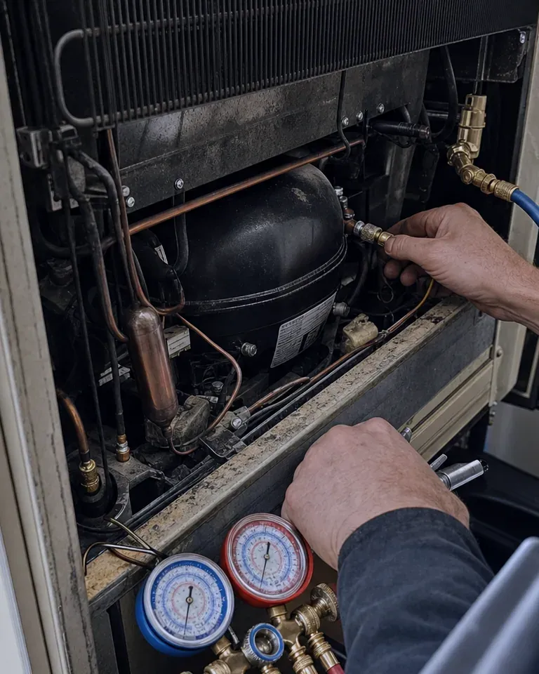 Technician's hands at the black compressor and copper lines of a built-in unit, a gauge set in the foreground.