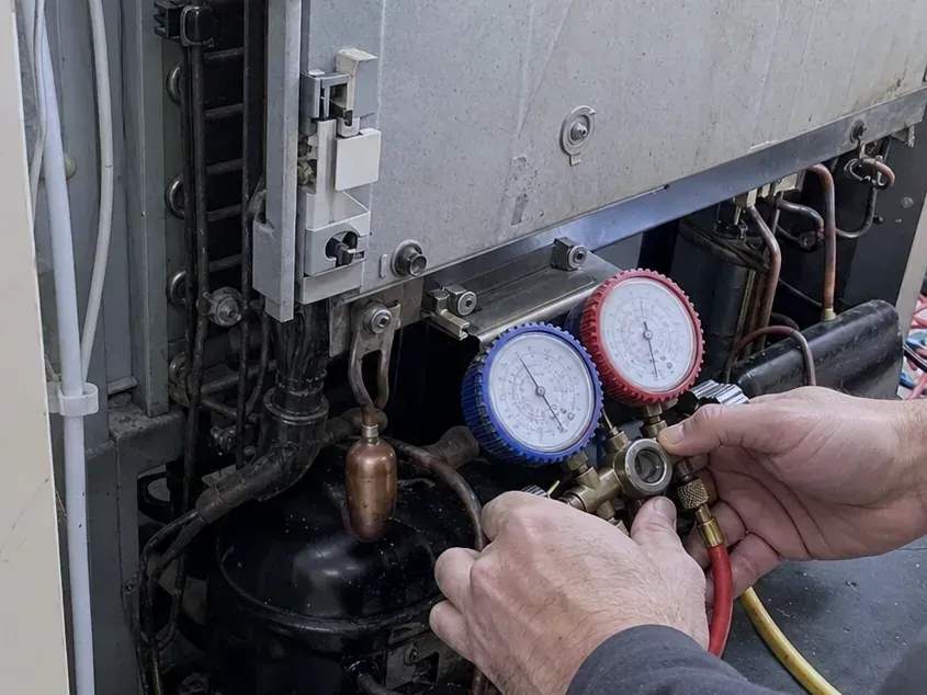 Hands connecting a red-and-blue refrigerant gauge set to the compressor lines in an open machine compartment.