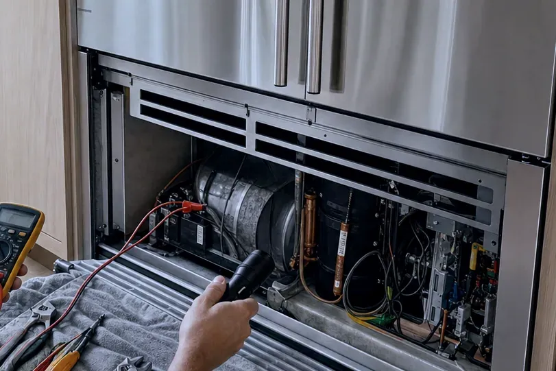 Technician lighting the open lower compartment of a stainless French-door refrigerator, the compressor and wiring exposed, a multimeter on a towel.